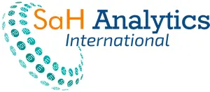 The logo of SaH Analytics International features SaH in vibrant orange and Analytics International in calming blue. Encircling the text, a dotted globe with binary numbers underscores the data-driven focus of SaH Analytics, evoking themes of global connectivity and cutting-edge analytics.