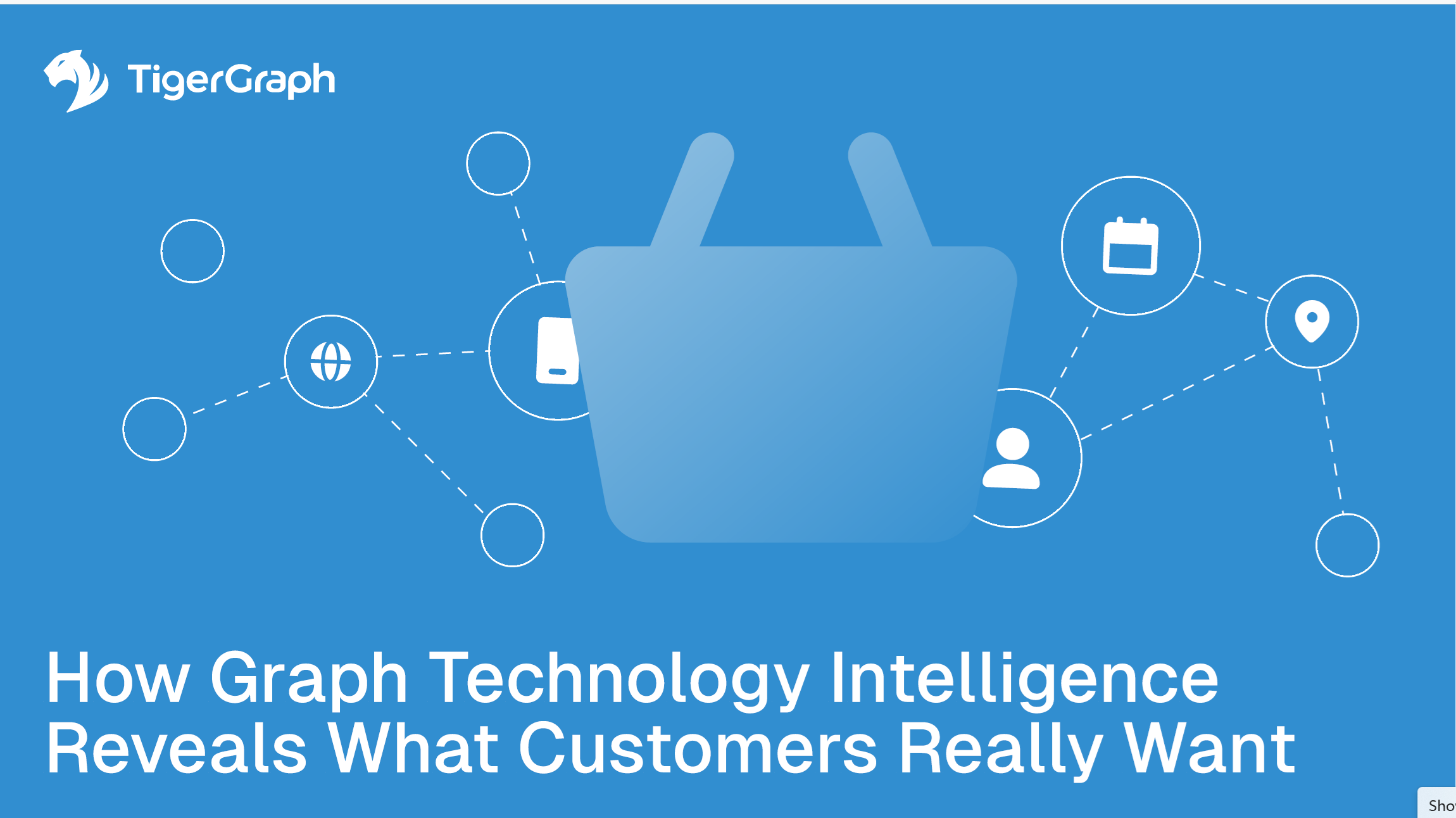 Blue graphic with TigerGraph logo, a large shopping basket icon, and various connected icons representing data points. Text reads: How Graph Technology Customer Insights Reveal What Customers Really Want.