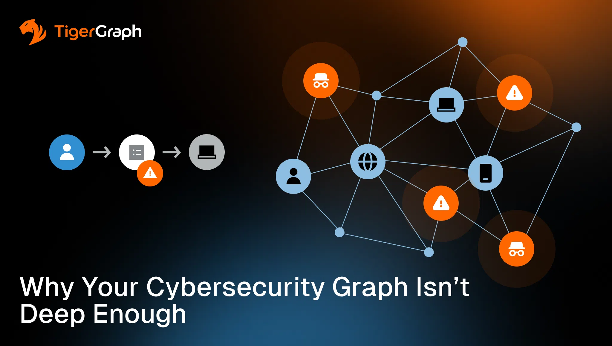 A network diagram with icons for users, alerts, laptops, and the internet. Text reads: Why Your Cybersecurity Graph Isn’t Deep Enough. TigerGraph logo is in the top left corner.